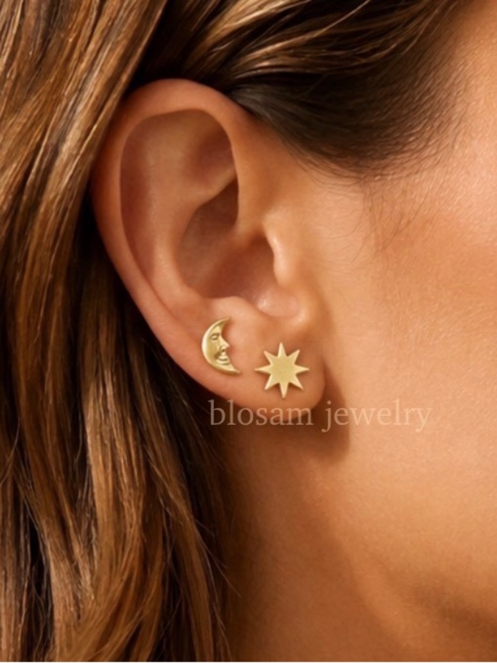 14K Gold Filled Celestial Jewelry Moon & Starburst Mismatched Stud Earrings